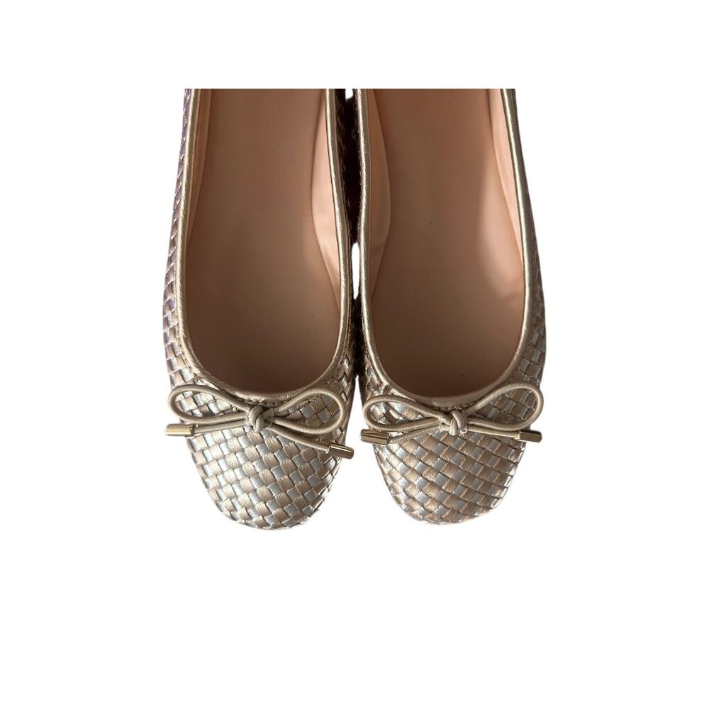 Dune London Metallic Woven Leather Ballet Flats 39 8.5 Gold Coquette Preppy Bow - Picture 5 of 10